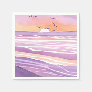 Pink Seas Watercolor Sunset Ocean Waves Napkins