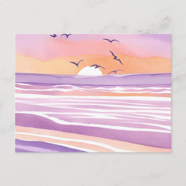 Pink Seas | Watercolor Sunset Ocean Waves Postcard (Front)