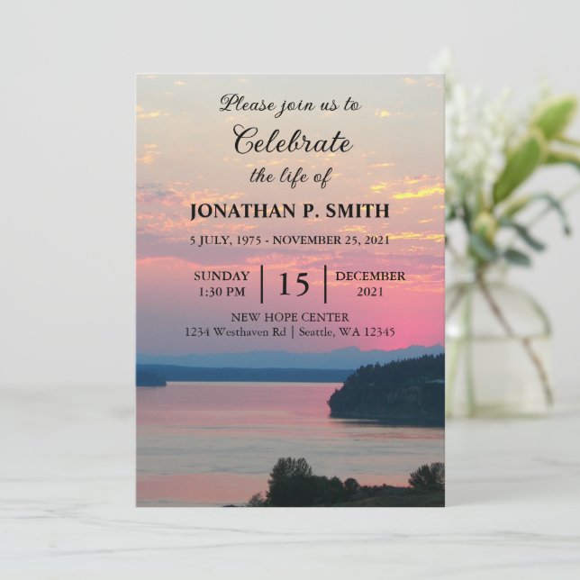 Pink Seascape Sunset Celebration of Life Invitation (Standing Front)