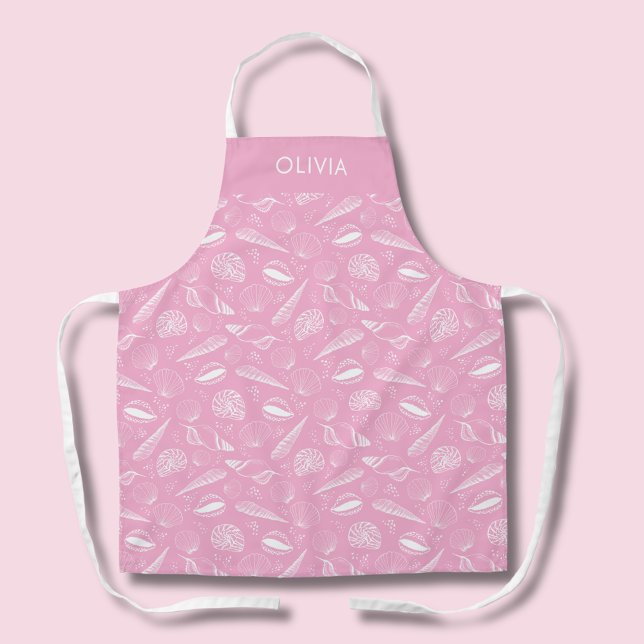 Pink seashell coastal pattern apron (Pink seashell coastal chic personalized kitchen apron.  Matching homeware available.)