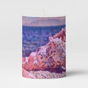 Pink seashell near purple sea watercolor painting pillar candle
