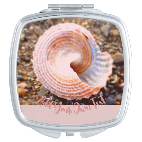 Pink Seashell on Rocky Shore Photo Custom Text Compact Mirror