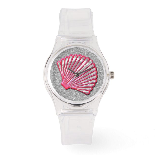 Pink Seashell Silver Faux Glitter Watch (Front)