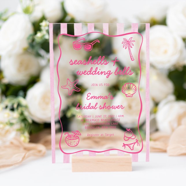 Pink Seashells and Wedding Bells Bridal Shower Acrylic Invitations (Creator Uploaded)