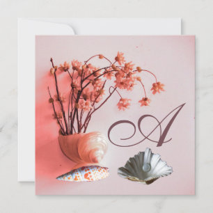 PINK SEASHELLS,FLOWERS MONOGRAM Beach Wedding Invitation