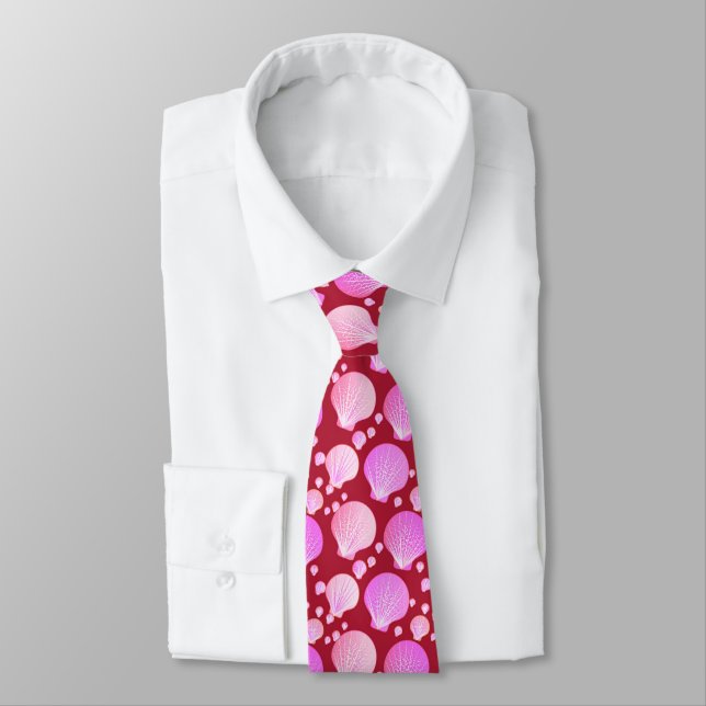 Pink seashells on a burgundy background neck tie (Tied)