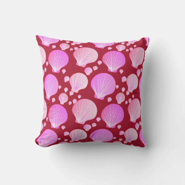 Pink seashells on a burgundy background throw pillow (Front)
