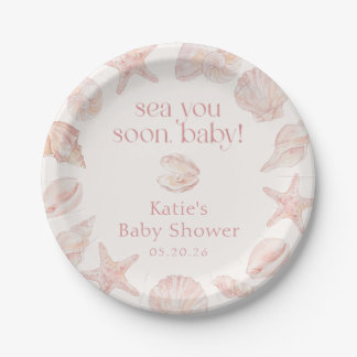 Pink Seashells Sea You Soon Baby Shower Paper Plates