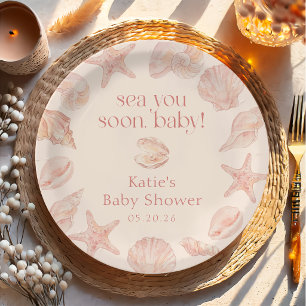 Pink Seashells Sea You Soon Baby Shower Paper Plates