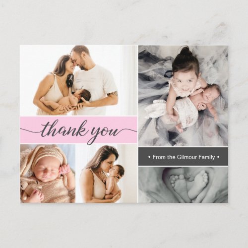 Pink Second Baby Birth Photo Collage Announcement Postcard