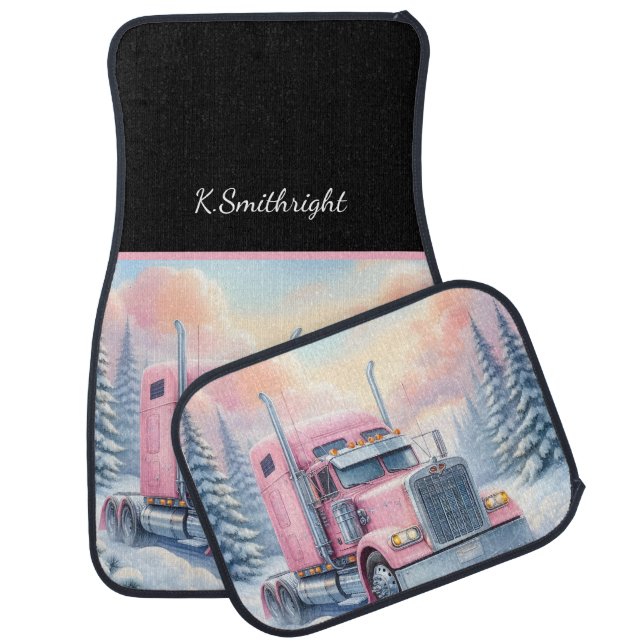 Pink Semi Truck Winter Landscape Car Floor Mat (Set)