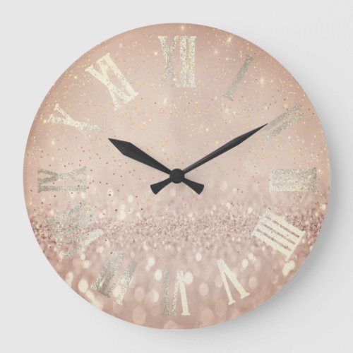 Pink Sepia Gold Confetti Glitter Metal Roman Numer Large Clock