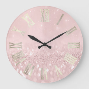 Pink Sepia Gray Silver Glitter Metal Roman Numers Large Clock