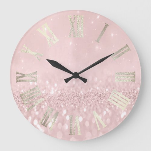 Pink Sepia Gray Silver Glitter Metal Roman Numers Large Clock