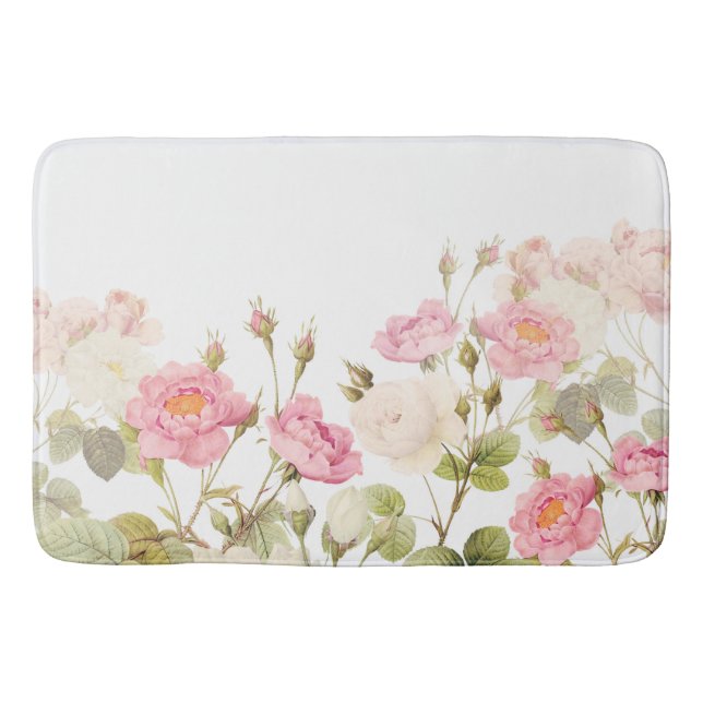 Pink Sepia Vintage Roses Meadow Illustration Bath Mat (Front)