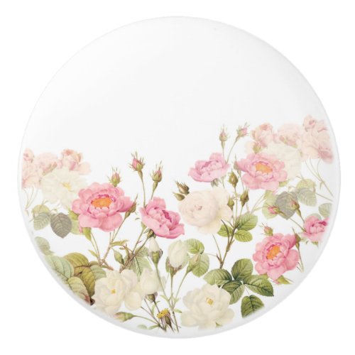 Pink Sepia Vintage Roses Meadow Illustration Ceramic Knob