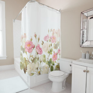 Pink Sepia Vintage Roses Meadow Illustration Shower Curtain