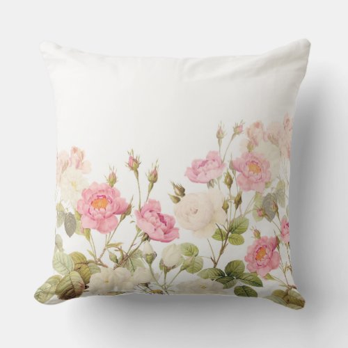 Pink Sepia Vintage Roses Meadow Illustration Throw Pillow