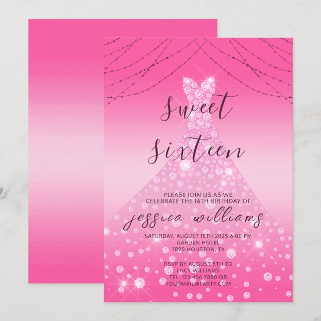 Pink Sequin Ball Gown & Lights Sweet 16 Birthday Invitation (Front/Back)