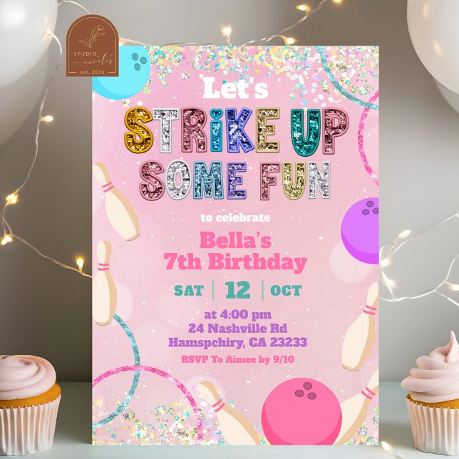 Pink Sequin Glitter Bowling Party Invitation (Creator Uploaded)