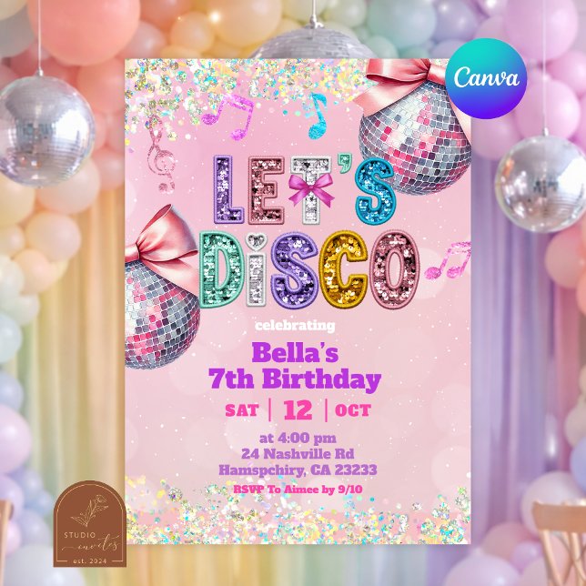 Pink Sequin Glitter Let's Disco Birthday Invitation (Creator Uploaded)