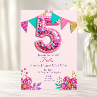 Pink Sequin Number 5 Sparkle Girl’s 5th Birthday I Invitation