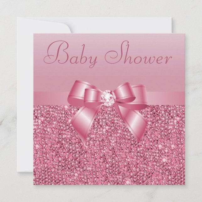 Pink Sequins, Bow & Diamond Baby Shower Invitation (Front)