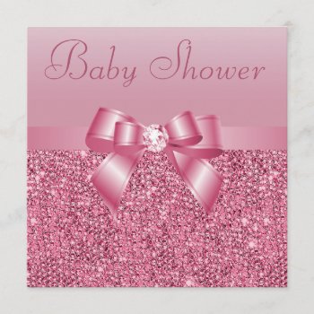 Pink Sequins  Bow & Diamond Baby Shower Invitation by AJ_Graphics at Zazzle