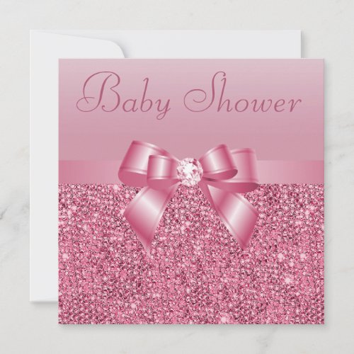 Pink Sequins Bow  Diamond Baby Shower Invitation
