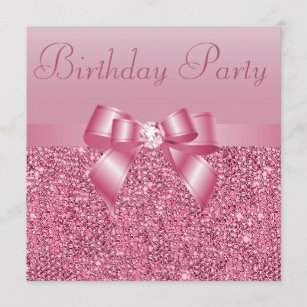 Pink Sequins, Bow & Diamond Birthday Party Invitation