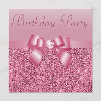 Pink Sequins  Bow & Diamond Birthday Party Invitation by AJ_Graphics at Zazzle
