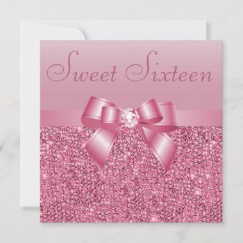 Pink Sequins  Bow & Diamond Sweet 16 Invitation by AJ_Graphics at Zazzle