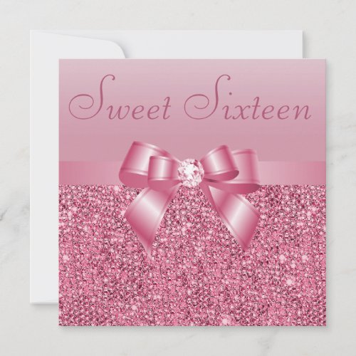 Pink Sequins Bow  Diamond Sweet 16 Invitation
