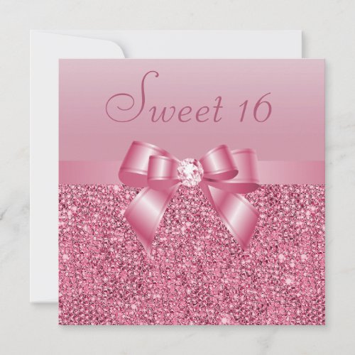 Pink Sequins, Bow &amp; Diamond Sweet 16 Custom Announcement