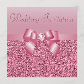 Pink Sequins  Bow & Diamond Wedding Invitation by AJ_Graphics at Zazzle