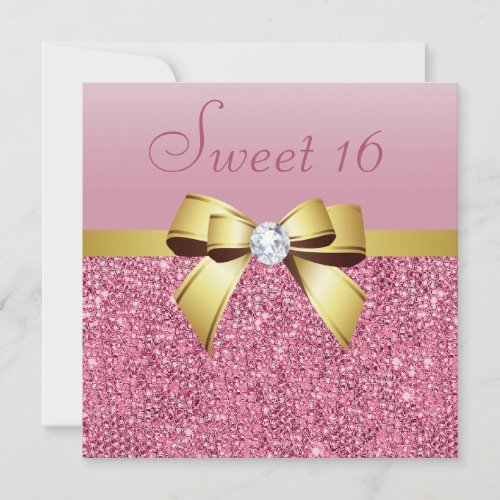 Pink Sequins Gold Bow  Diamond Sweet 16 Invitation