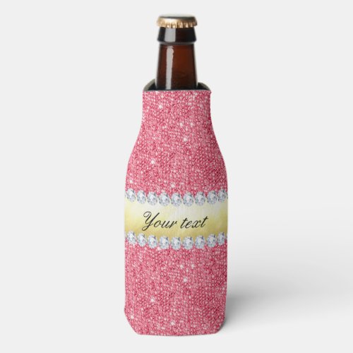 Pink Sequins Gold Foil and Diamonds Bottle Cooler