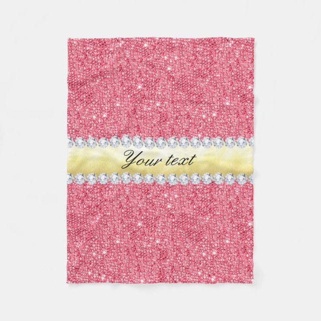 Pink Sequins Gold Foil and Diamonds Fleece Blanket (Front)