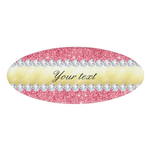 Pink Sequins Gold Foil and Diamonds Name Tag