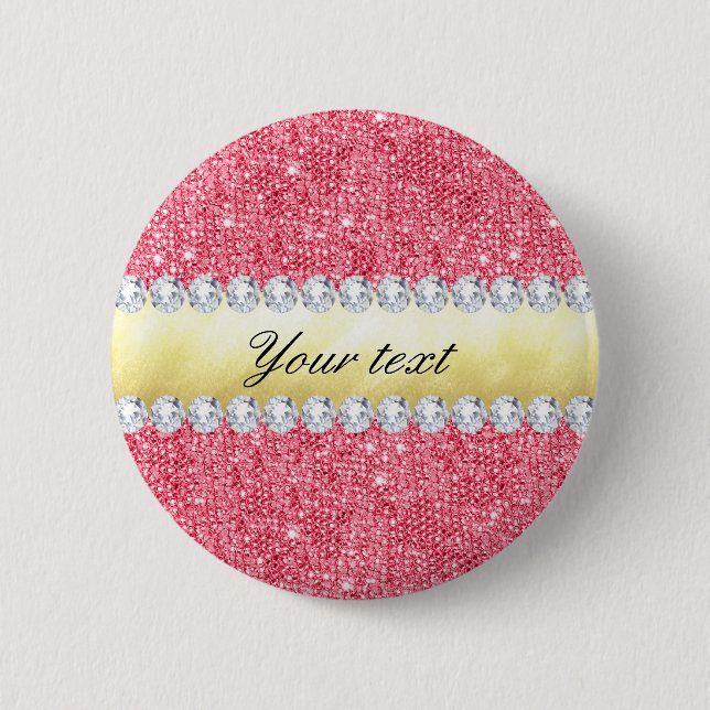 Pink Sequins Gold Foil and Diamonds Pinback Button (Front)