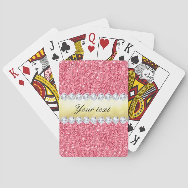 Pink Sequins Gold Foil and Diamonds Poker Cards (Back)