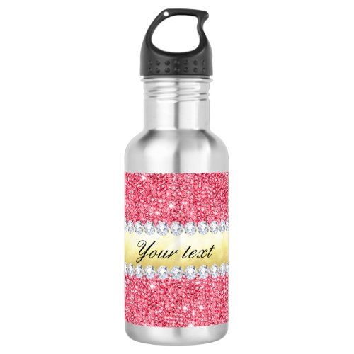 Pink Sequins Gold Foil and Diamonds Stainless Steel Water Bottle