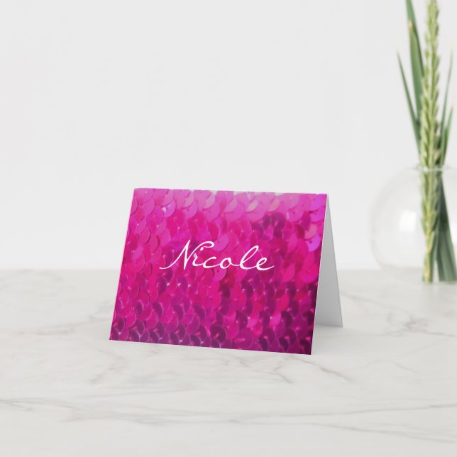 Pink Sequins Personalized Note Cards (Front)