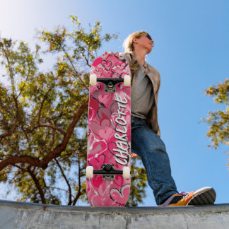 Pink Serenity: Playful Graffiti Love Hearts  Skateboard