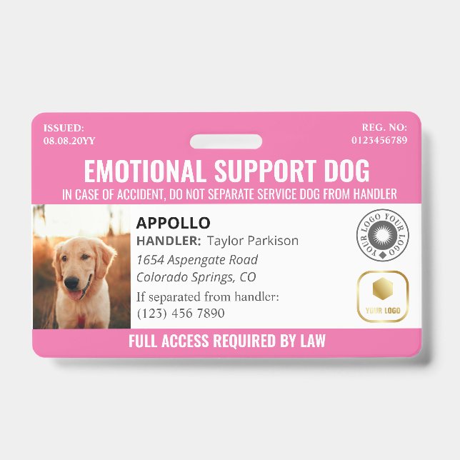 Pink Service Dog 2 Logo & Photo ID Badge (Front)