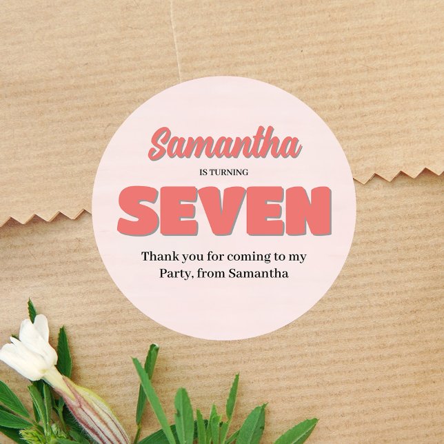 Pink Seventh Birthday Girl Party Floral Classic Round Sticker (Pink girl birthday party favor sticker. )