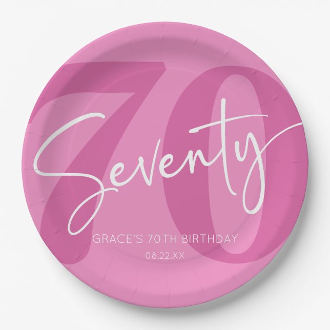 Pink Seventy 70th Seventieth Birthday Party Paper Plates (Front)