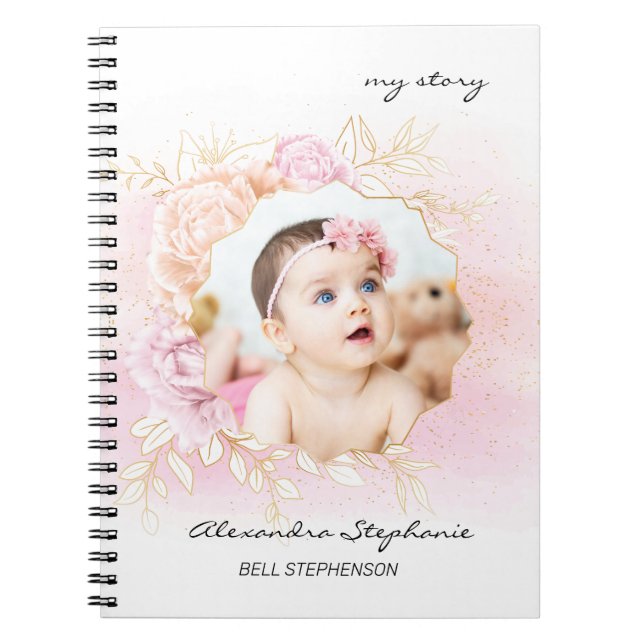 Pink Shabby Chic Baby Girl Personalized First Year Notebook (Front)