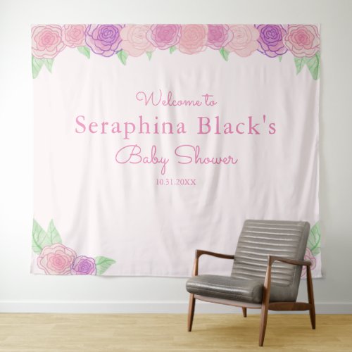 Pink Shabby Chic Floral Roses Baby Shower Backdrop