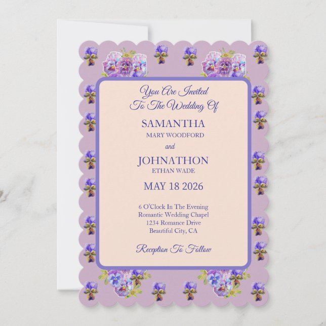Pink Shabby Chic Flower Pansy Wedding Invitation (Front)